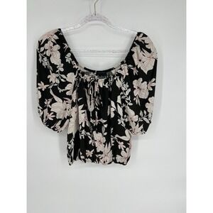Sanctuary Peasant Crop Top Womens M Tropical Black‎ and White Floral Summer Chic